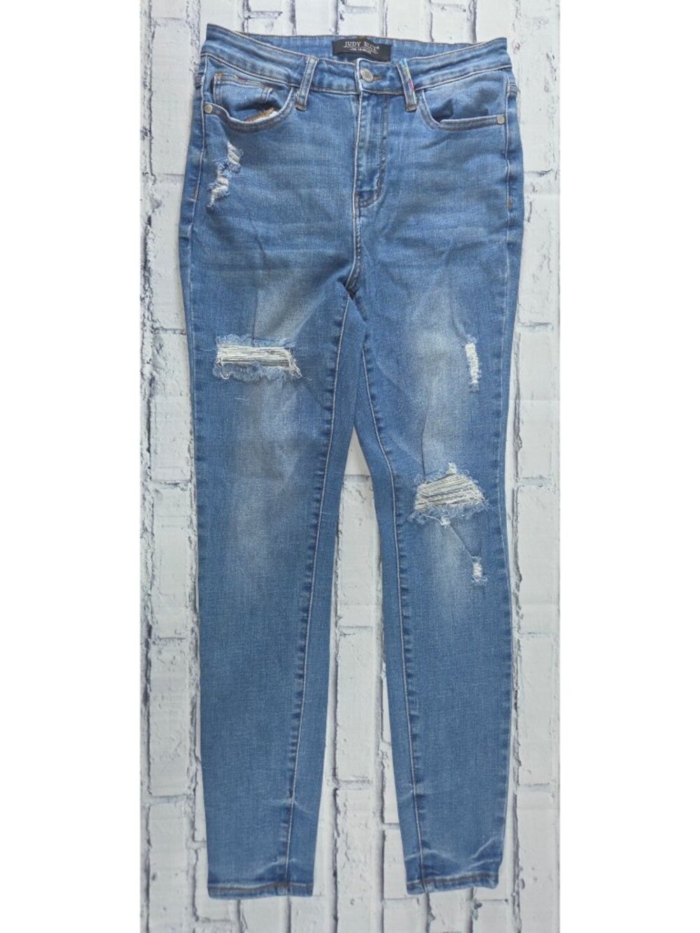 Judy Blue Womens Distressed Skinny Jeans 5/27 Blue Denim - Rainbow Stitching